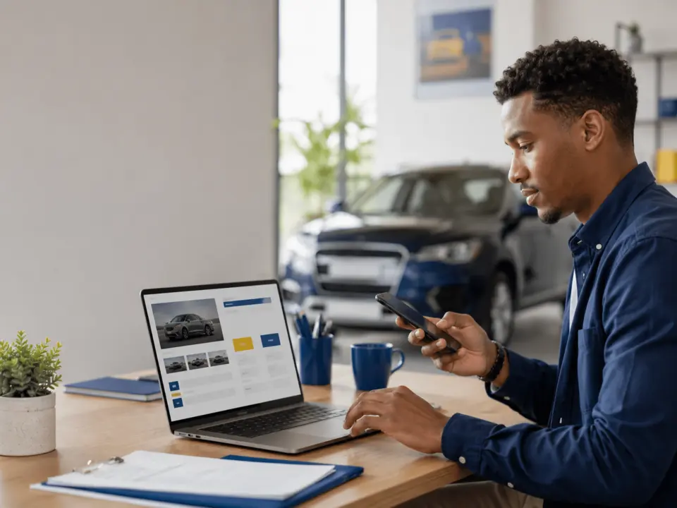 Vender Mais Rápido 8 Vendedor a rever no portátil o anúncio de um carro antes de publicar