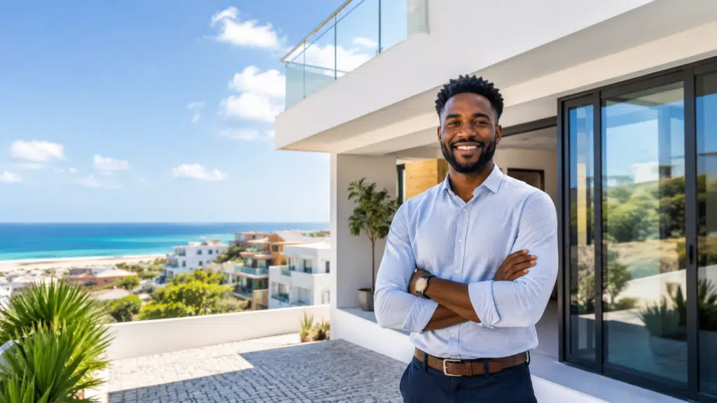 Proprietário cabo-verdiano junto de um imóvel moderno preparado para anunciar na CVX