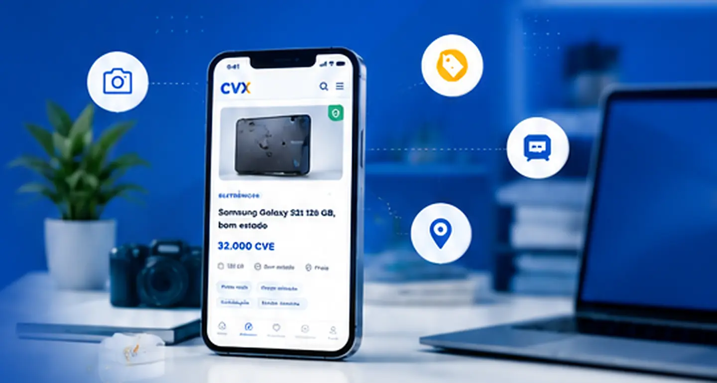 Smartphone com exemplo de anúncio CVX, acompanhado por ícones de fotografia, preço, localização e chat