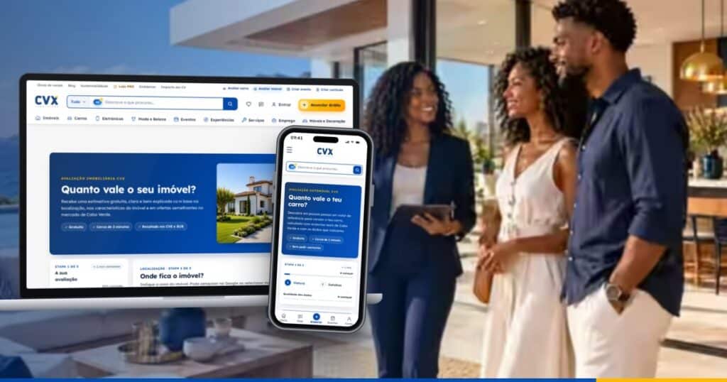 Portátil com a avaliação de imóveis da CVX e telemóvel com a avaliação automóvel, numa sala com vista para o mar