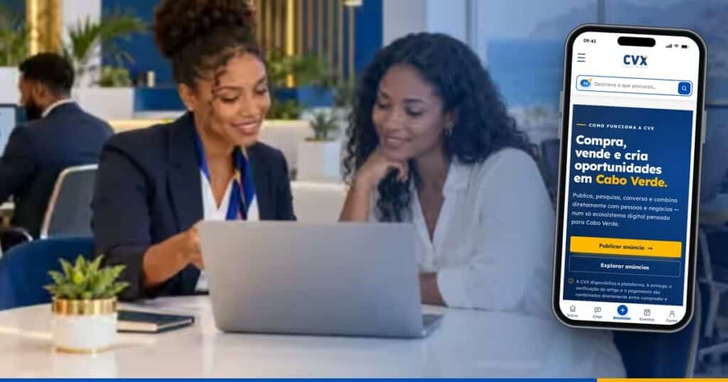 Telemóvel com a página Como funciona a CVX, numa mesa de atendimento onde uma consultora ajuda uma cliente