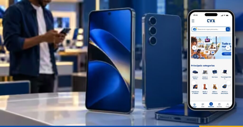 Telemóvel com a CVX aberta nas principais categorias, numa loja de telemóveis