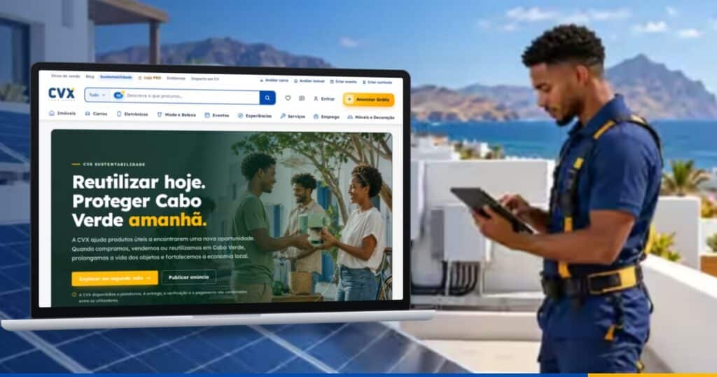 Portátil com a página CVX Sustentabilidade, num terraço com painéis solares onde um técnico consulta um tablet