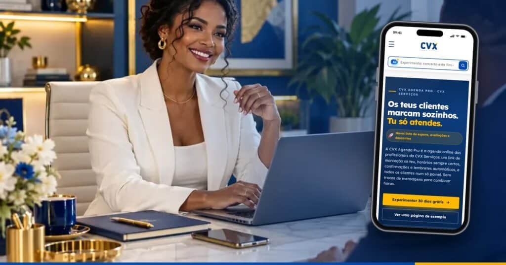Telemóvel com a página da CVX Agenda Pro ao lado de uma profissional que atende um cliente ao computador
