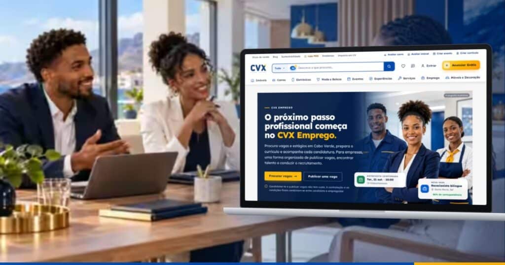 Portátil com a página CVX Emprego aberta, numa reunião de trabalho com vista para o mar