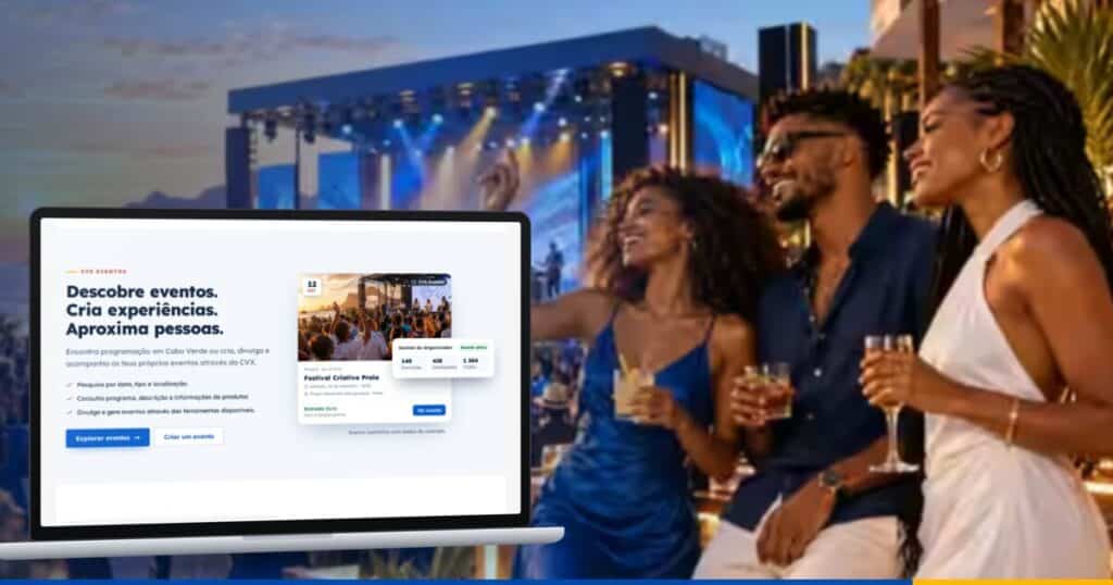 Portátil com a secção CVX Eventos aberta, num concerto ao pôr do sol com o público a celebrar