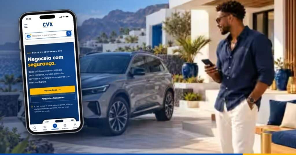 Telemóvel com a página Dicas de segurança da CVX, ao lado de um carro estacionado junto ao mar