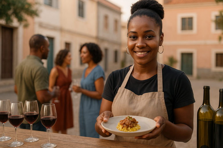 Cena ilustrativa de uma profissional a apresentar um prato numa bancada gastronómica, com copos de vinho e visitantes ao fundo.