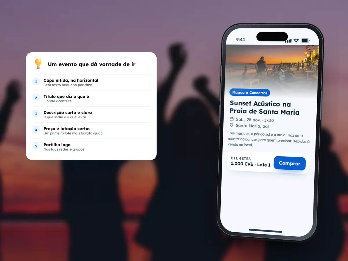 Crie seu Evento 42 Telemóvel com a página de um concerto ao pôr do sol na Praia de Santa Maria e um cartão com cinco dicas para um evento