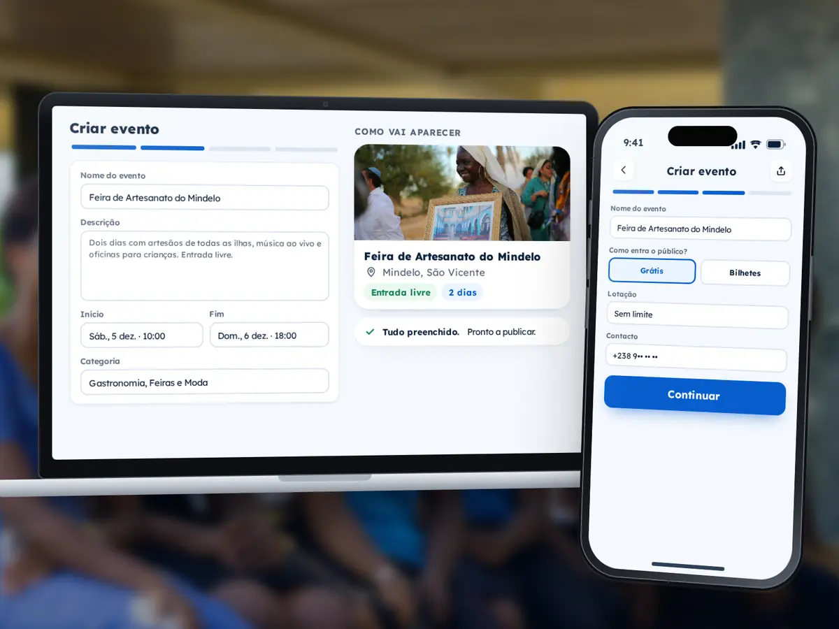 Crie seu Evento 15 Portátil e telemóvel com o formulário «Criar evento» de uma feira de artesanato no Mindelo e a pré-visualização «Como vai aparecer»