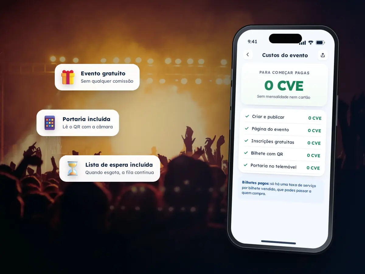 Crie seu Evento 13 Telemóvel com os custos do evento, 0 CVE para começar, e avisos «Evento gratuito», «Portaria incluída» e «Lista de espera incluída», sobre a fotografia de um concerto