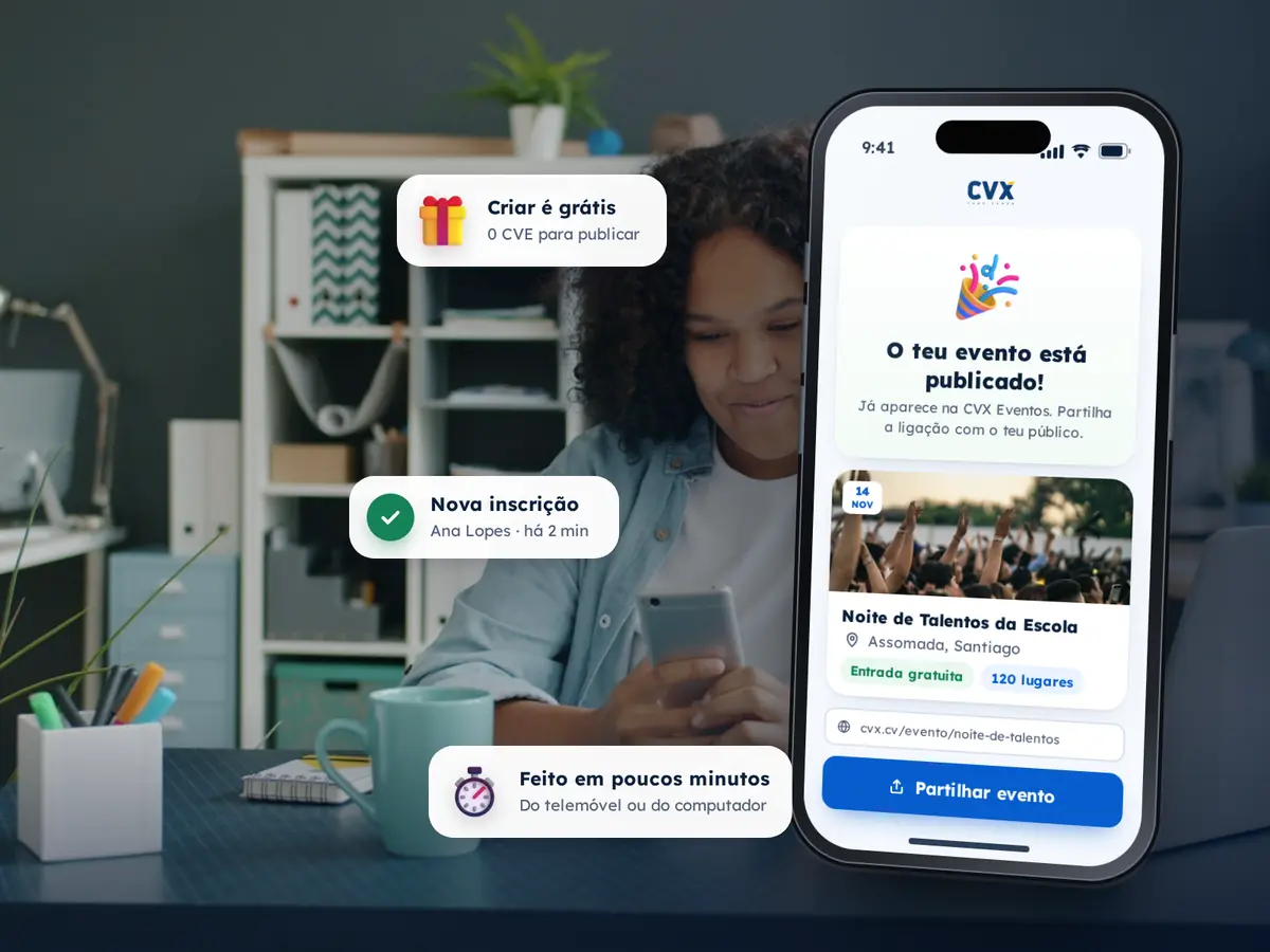 Crie seu Evento 4 Telemóvel com a mensagem «O teu evento está publicado!» e avisos «Criar é grátis» e «Nova inscrição», sobre a fotografia de uma mulher a sorrir com o telemóvel