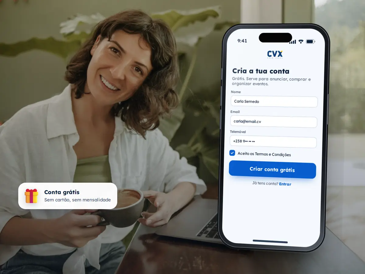 Crie seu Evento 9 Telemóvel com o ecrã «Cria a tua conta» da CVX, sobre a fotografia de uma mulher sorridente com um café e um portátil