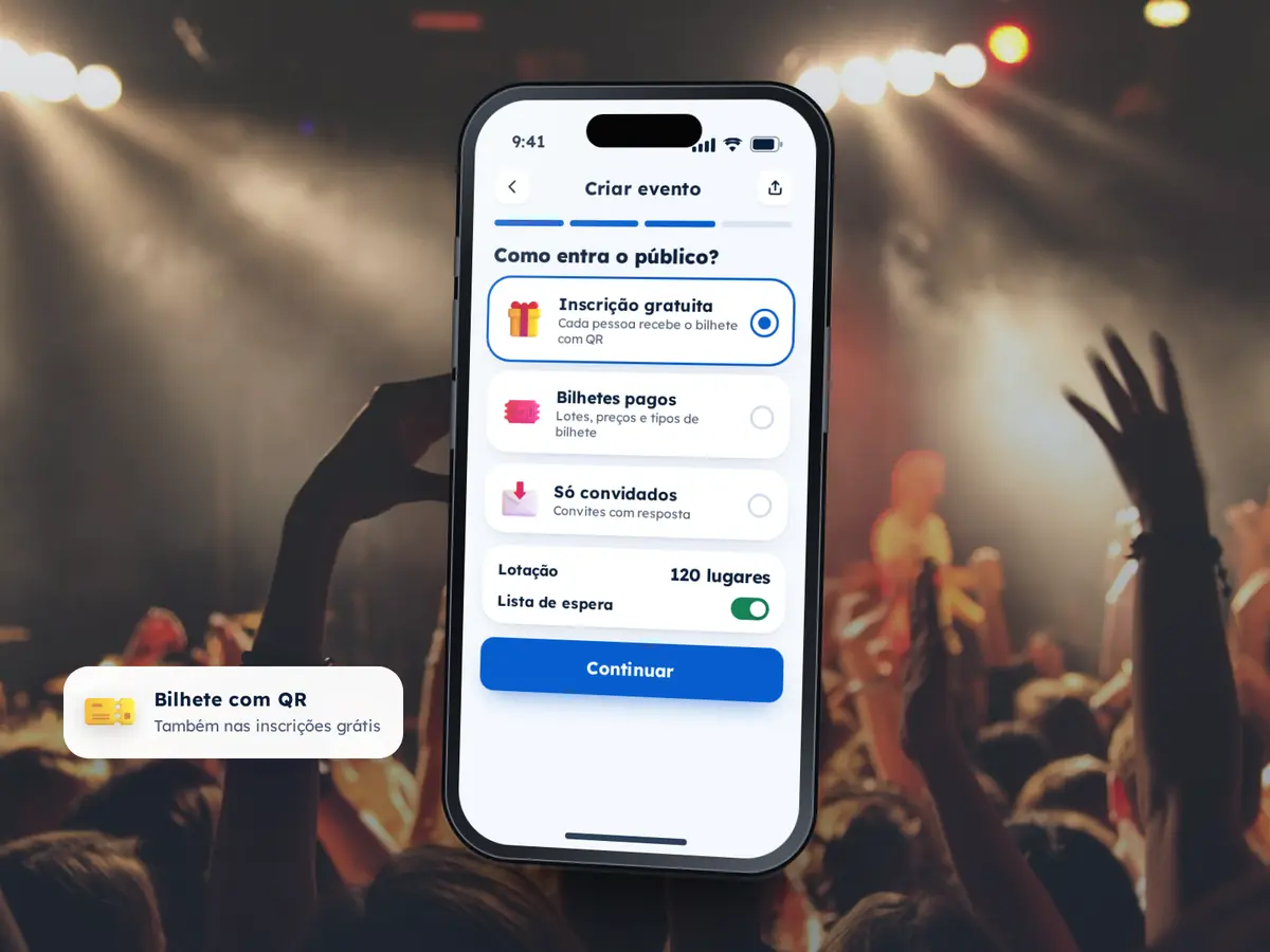 Crie seu Evento 11 Telemóvel com a escolha «Inscrição gratuita», «Bilhetes pagos» ou «Só convidados» e a lotação de 120 lugares, sobre a fotografia de um concerto