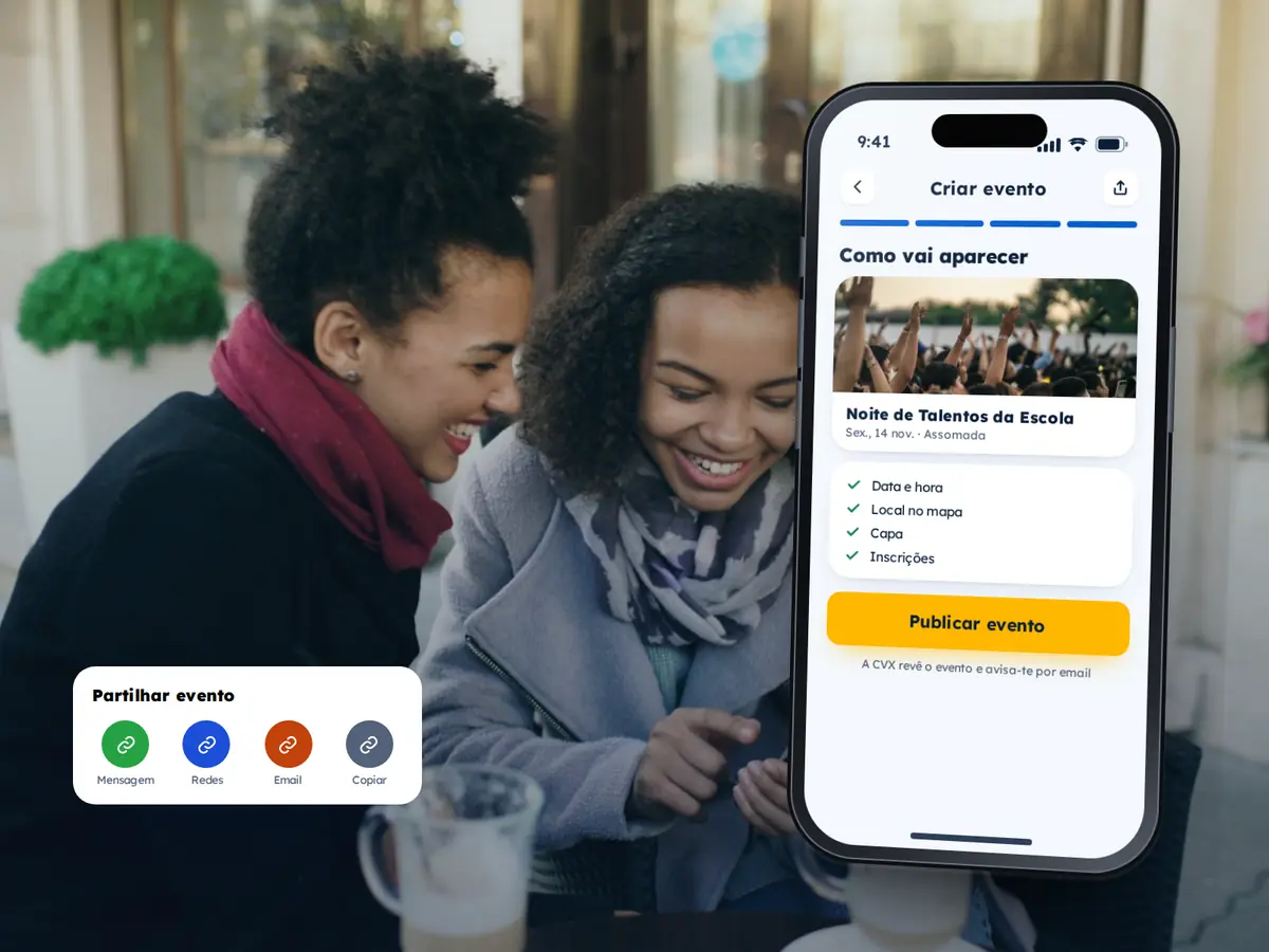 Crie seu Evento 12 Telemóvel com a pré-visualização do evento e o botão «Publicar evento», e um cartão de partilha, sobre a fotografia de duas amigas a ver o telemóvel