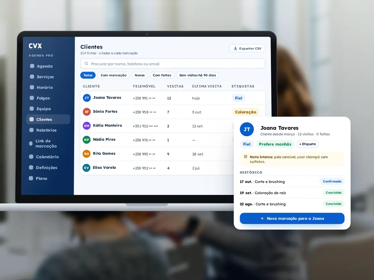Portátil com a lista de clientes, pesquisa, filtros e etiquetas, e a ficha da cliente Joana Tavares com 12 visitas, nota interna e histórico de marcações