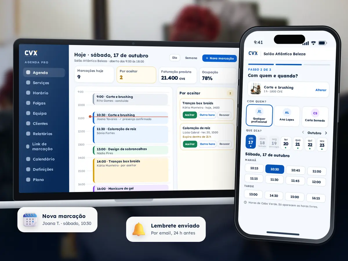 Portátil com a agenda do dia do Salão Atlântico Beleza, com as marcações hora a hora e dois pedidos por aceitar, e telemóvel com a página de marcação aberta no passo «Com quem e quando?»