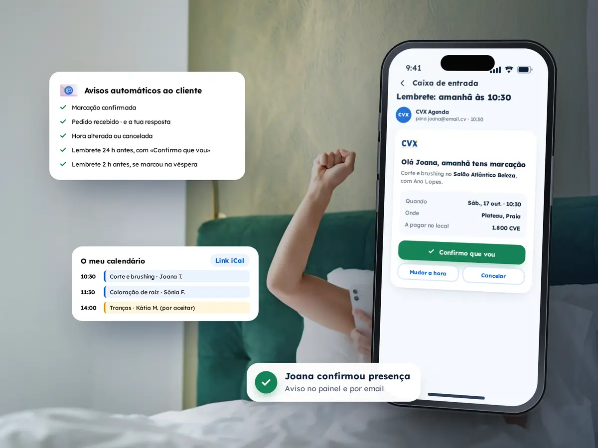 Telemóvel com o email de lembrete «amanhã às 10:30» e o botão «Confirmo que vou», a lista de avisos automáticos ao cliente e o calendário do profissional com as marcações do dia