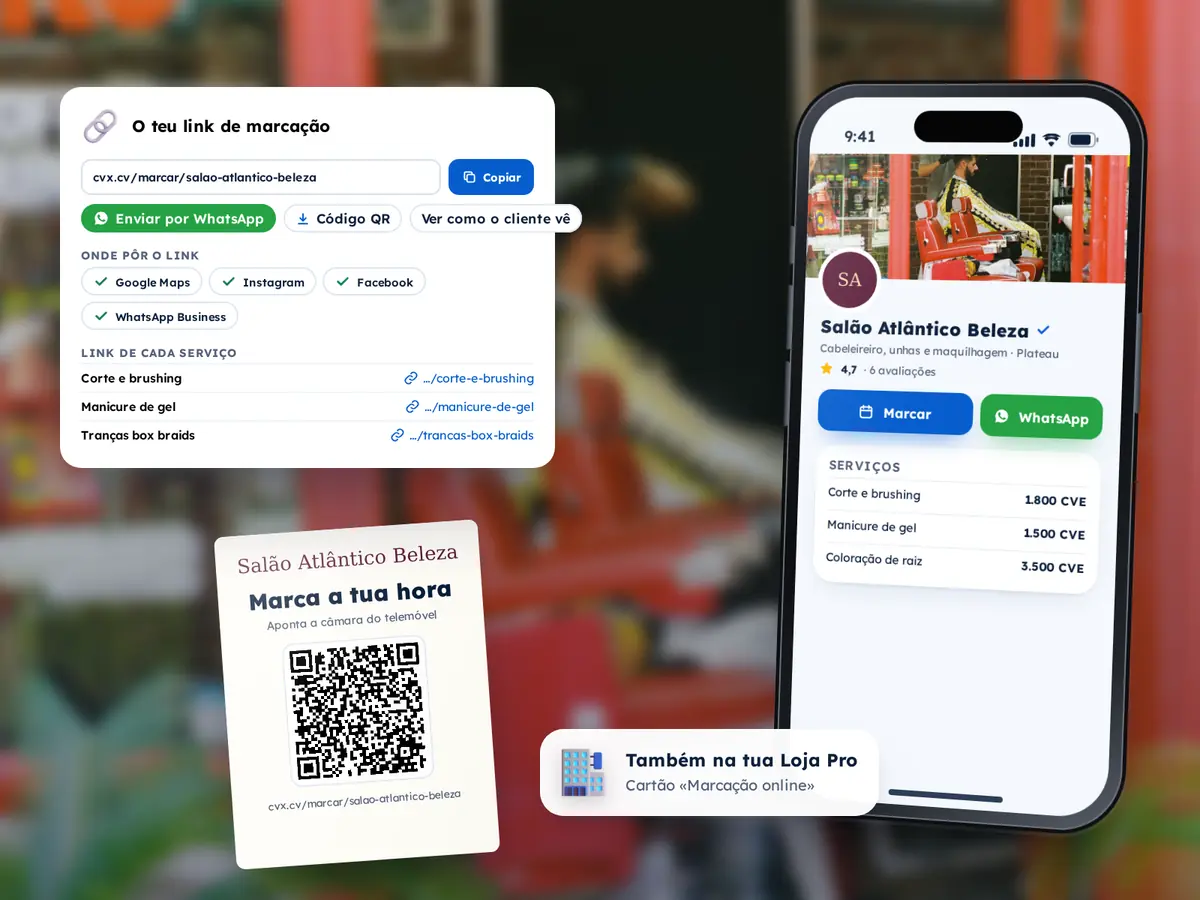 Cartão com o link de marcação, os botões copiar, enviar por WhatsApp e código QR, links de cada serviço, um cartaz impresso com o código QR e a página do profissional com os botões Marcar e WhatsApp