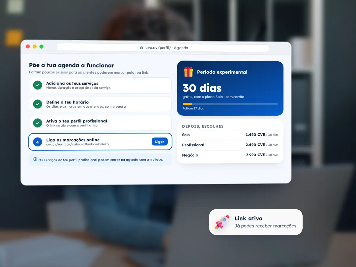 Janela da área Agenda com a lista «Põe a tua agenda a funcionar»: serviços, horário e perfil feitos, e «Liga as marcações online» por fazer; ao lado, o período experimental de 30 dias e os preços dos planos