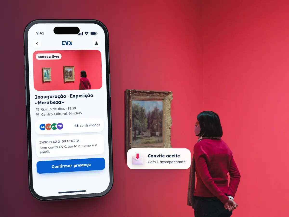 Tipos de Eventos 42 Telemóvel com a inscrição gratuita na inauguração de uma exposição, sobre a fotografia de uma visitante numa galeria