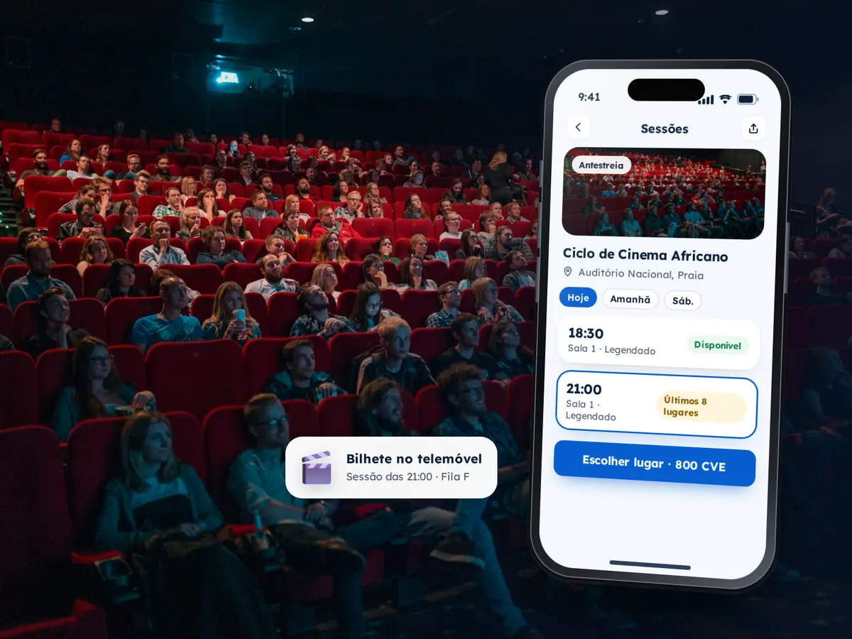 Tipos de Eventos 37 Telemóvel com as sessões de um ciclo de cinema, uma com os últimos lugares, sobre a fotografia de uma sala de cinema