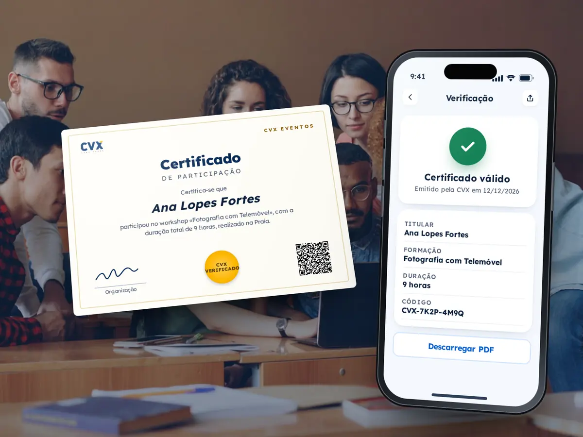Tipos de Eventos 47 Certificado de participação CVX com QR e telemóvel a confirmar que o certificado é válido, sobre a fotografia de um grupo de formandos