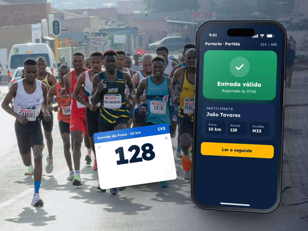 Tipos de Eventos 57 Telemóvel da portaria com entrada válida de um corredor e um dorsal número 128, sobre a fotografia de uma corrida de rua