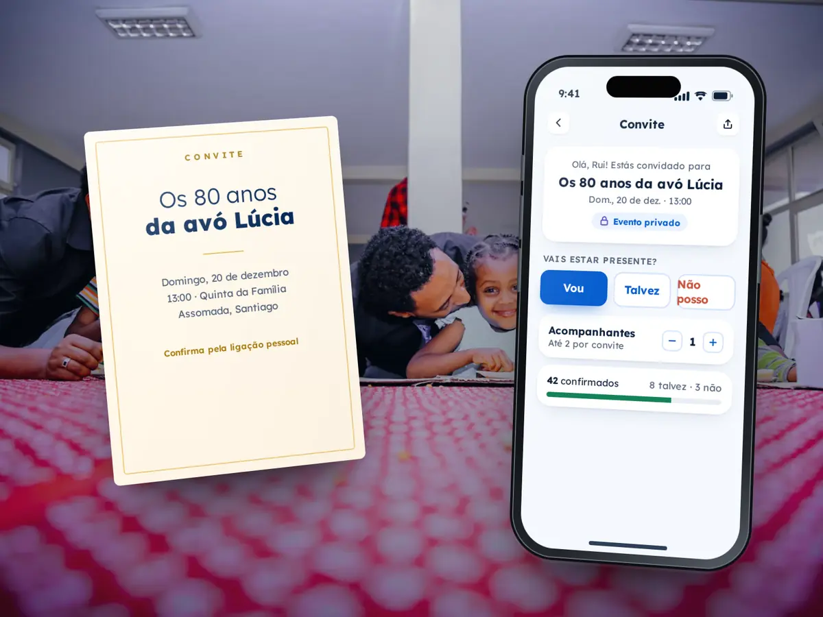Tipos de Eventos 67 Convite impresso para os 80 anos de uma avó e telemóvel com a resposta ao convite e um acompanhante