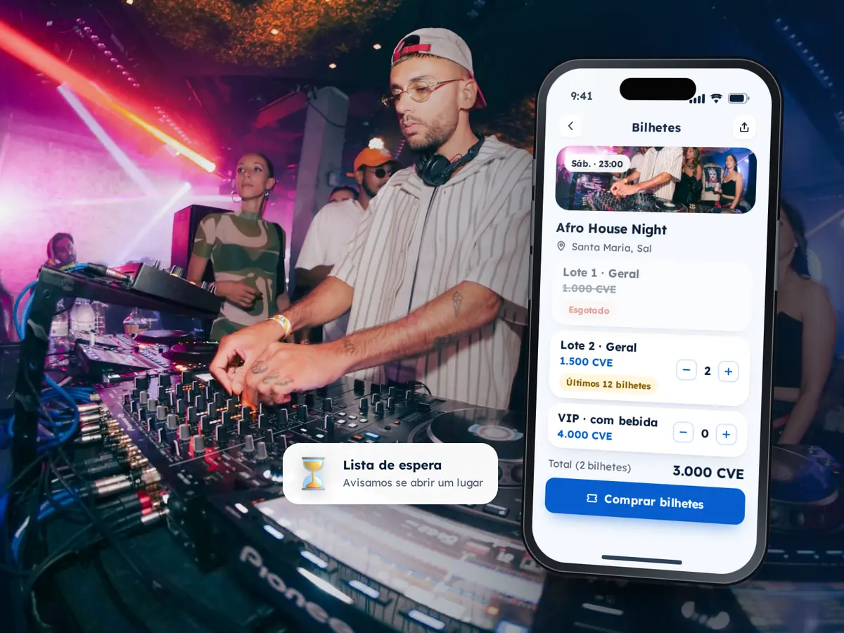 Tipos de Eventos 22 Telemóvel com os lotes de bilhetes de uma festa, um esgotado e outro com os últimos bilhetes, sobre a fotografia de um DJ