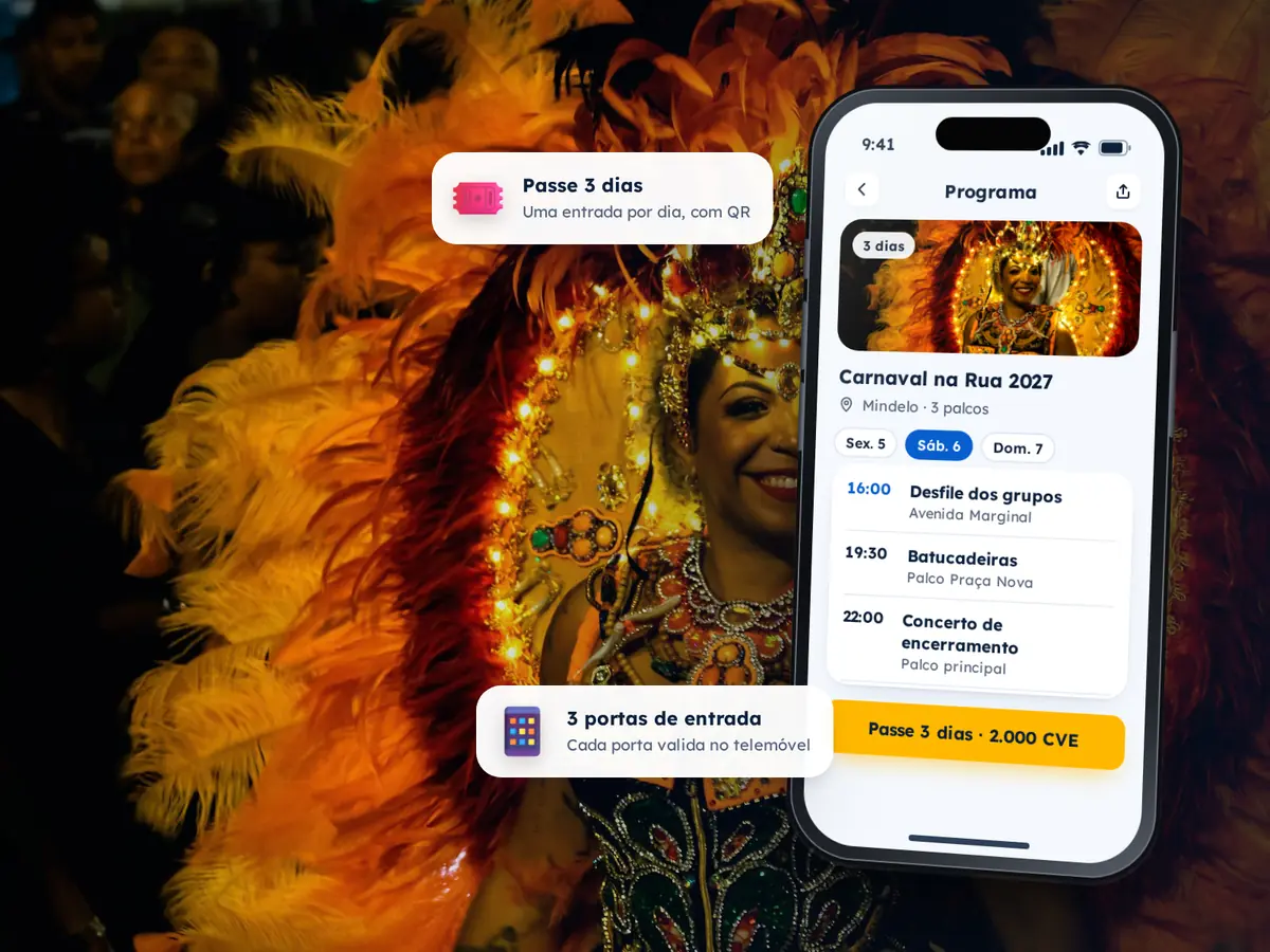 Tipos de Eventos 27 Telemóvel com o programa de três dias de um carnaval e o passe à venda, sobre a fotografia de uma foliã com fantasia de penas