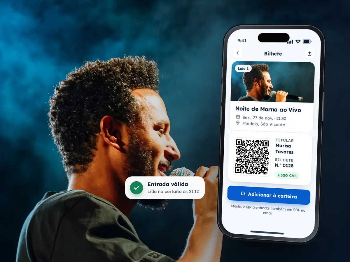 Tipos de Eventos 17 Telemóvel com um bilhete CVX com código QR para uma noite de morna, sobre a fotografia de um cantor em palco