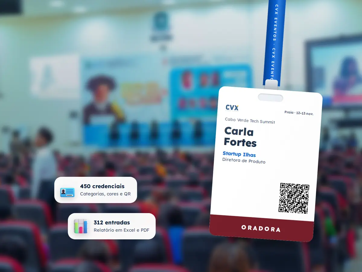 Tipos de Eventos 52 Credencial de oradora com fita CVX Eventos e código QR, sobre a fotografia de uma sala de conferências