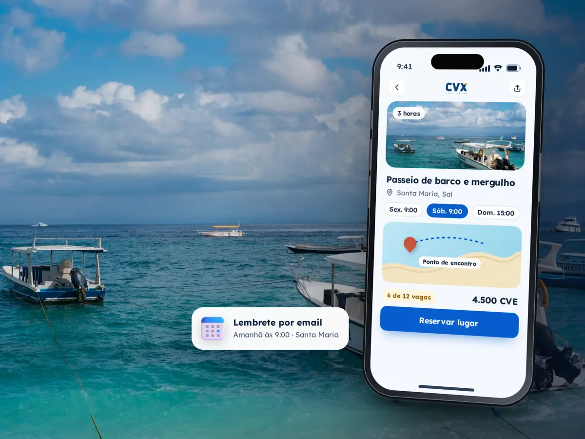 Tipos de Eventos 72 Telemóvel com a reserva de um passeio de barco na ilha do Sal, com seis vagas e ponto de encontro no mapa, sobre a fotografia de barcos em água turquesa