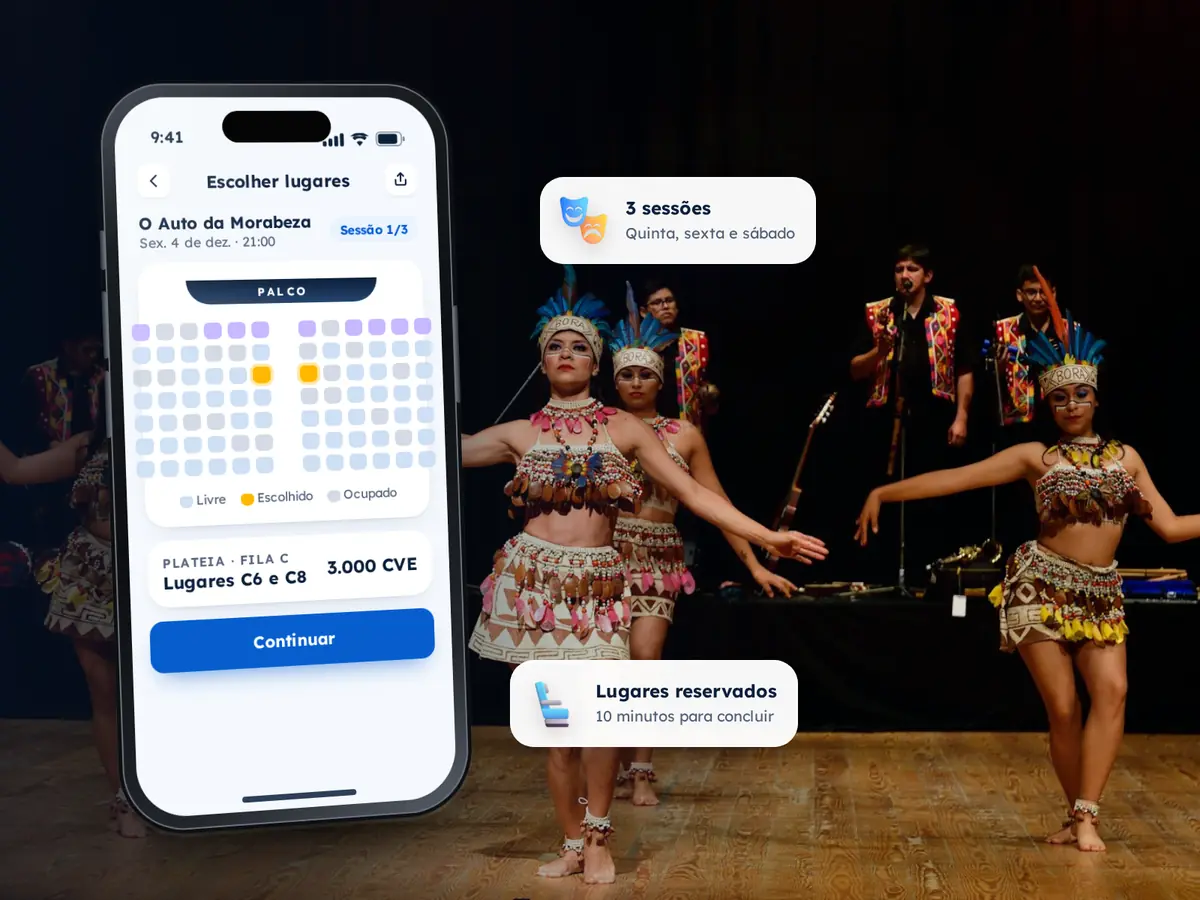 Tipos de Eventos 32 Telemóvel com o mapa de uma sala de espetáculos e dois lugares escolhidos, sobre a fotografia de um grupo de dança em palco